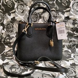 NWT Michael Kors Adele Black Dark Khaki Leather Medium Messenger Crossbody Bag